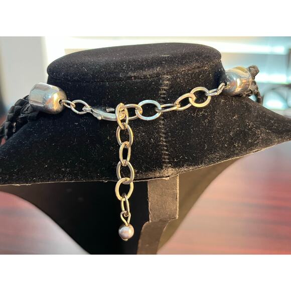 Y2K 3 Strand Black Faux Leather Necklace 18" Peace Sign Angel Wings Biker Core - Picture 4 of 4